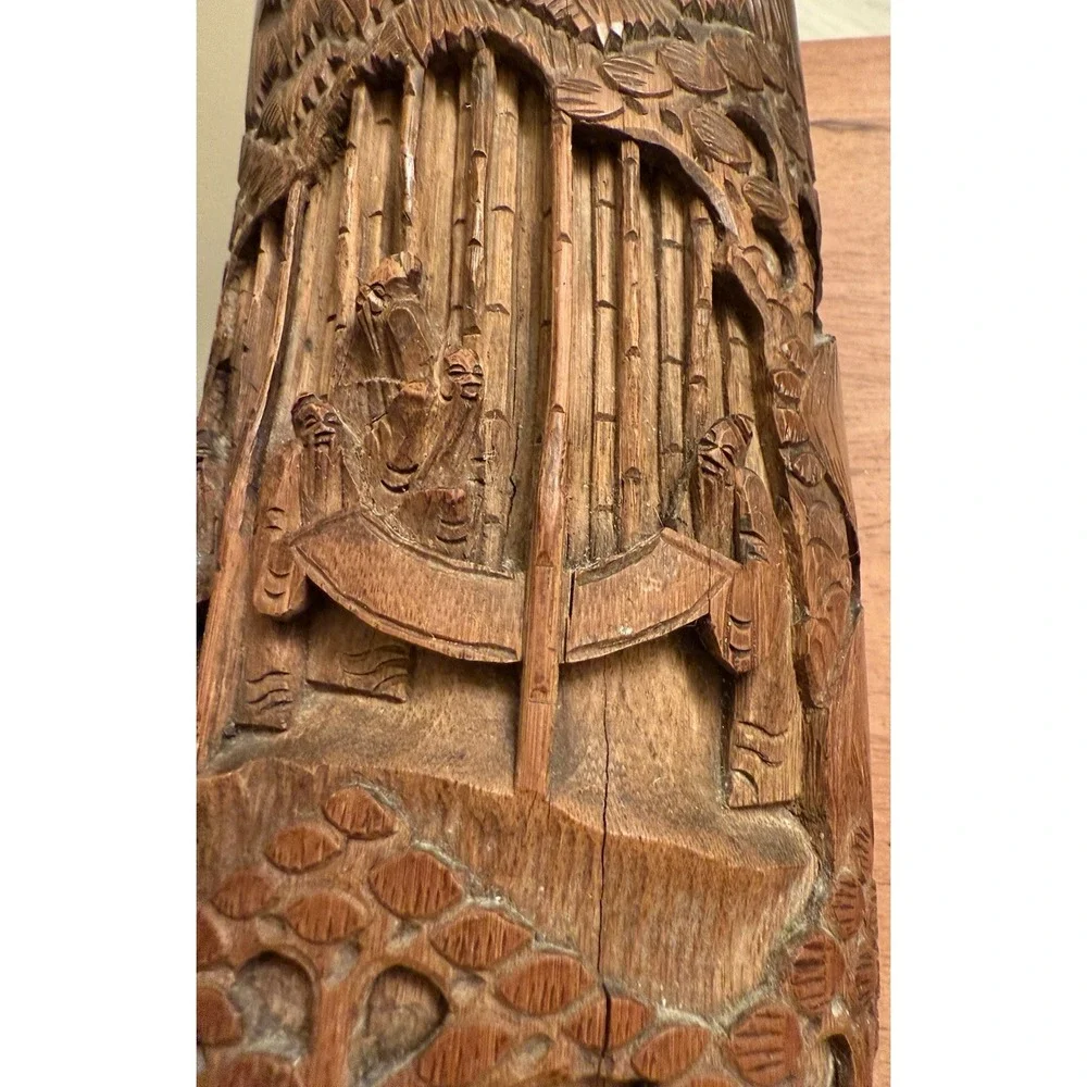 Antique Chinese carved‎ landscapes and figurines bamboo brush pot Vase